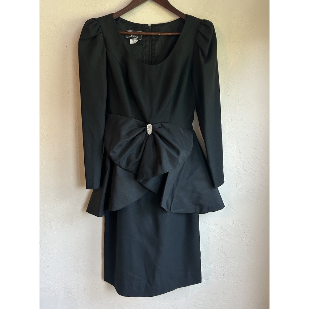 Vintage 80s Huey Waltzer For Darcy Black Peplum Bow Midi Dress 6 Party Glam - Picture 3 of 11